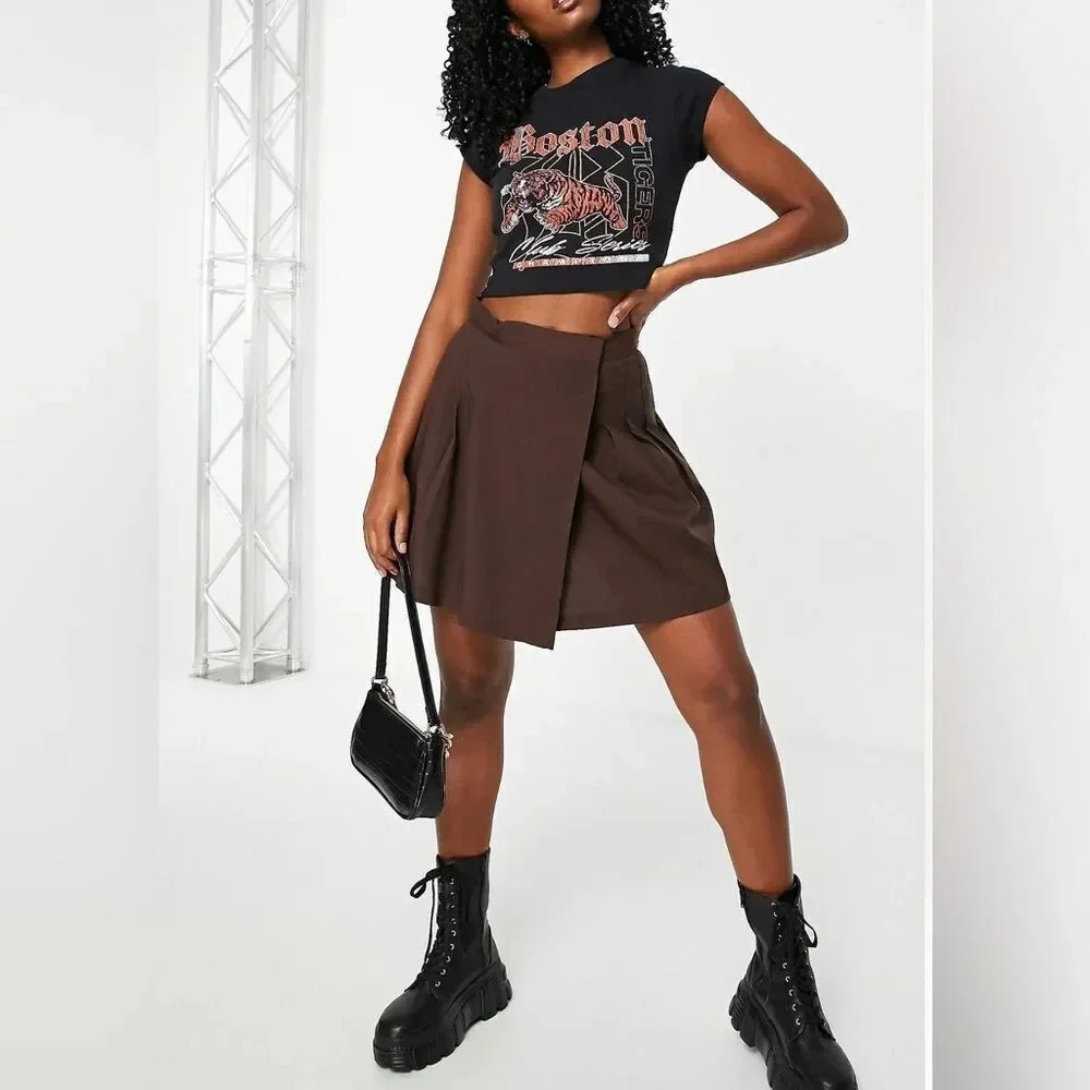 ASOS Y2K Mini Pleated Tennis Mini Skirt Brown Small Schoolgirl Wrap High Rise